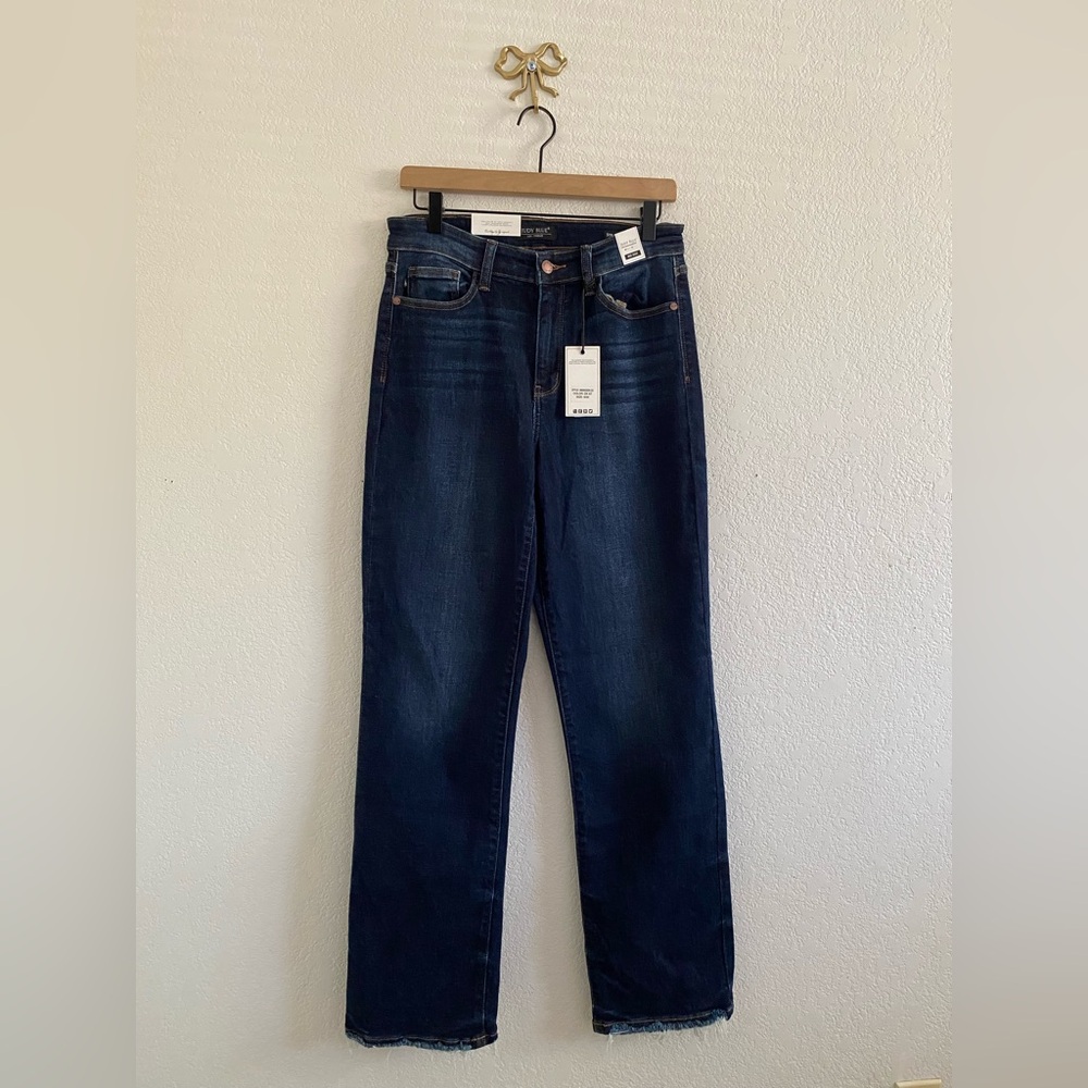 Judy Blue Mid Rise Dark Wash Straight Leg Jeans With Frayed Hem Women’s 9/29